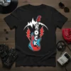 Black t-shirt with the word ROCK in large white letters stacked vertically on a red and blue electric guitar graphic
