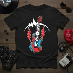 Black t-shirt with the word ROCK in large white letters stacked vertically on a red and blue electric guitar graphic