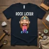 Rock Licker t-shirt design featuring a cartoon miner licking a purple crystal with water splashes