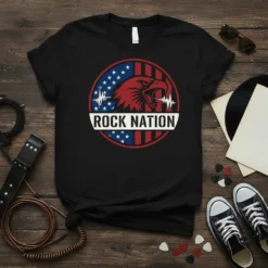 Rock Nation T-Shirt featuring a red eagle head, American flag background, and "ROCK NATION" text in white