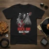 ROCK ON! BASS FURY 24/7 text with skeleton playing bass guitar on a black t-shirt