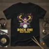 Black t-shirt with "ROCK ON! BEAT DROPS" text, featuring a cartoon drummer with purple hair and moons, surrounded by musical