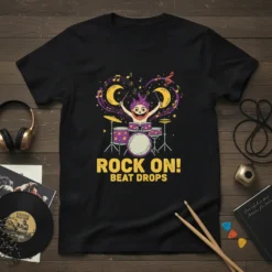 Black t-shirt with "ROCK ON! BEAT DROPS" text, featuring a cartoon drummer with purple hair and moons, surrounded by musical