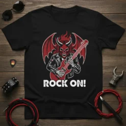 Rock On! T-Shirt featuring a devil skull with horns and wings playing a red electric guitar, with white text below
