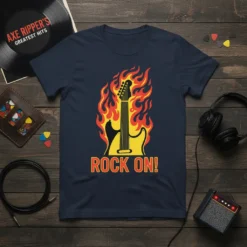 ROCK ON! text with a yellow electric guitar on fire graphic on a navy blue t-shirt