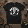 Black t-shirt with white "ROCK ON!" text and electric guitar graphic, surrounded by guitar picks