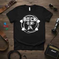 Black t-shirt with white "ROCK ON!" text and electric guitar graphic, surrounded by guitar picks