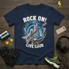 Rock On! Live Loud t-shirt design featuring a skeleton playing an electric guitar with colorful swirling background