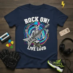 Rock On! Live Loud t-shirt design featuring a skeleton playing an electric guitar with colorful swirling background