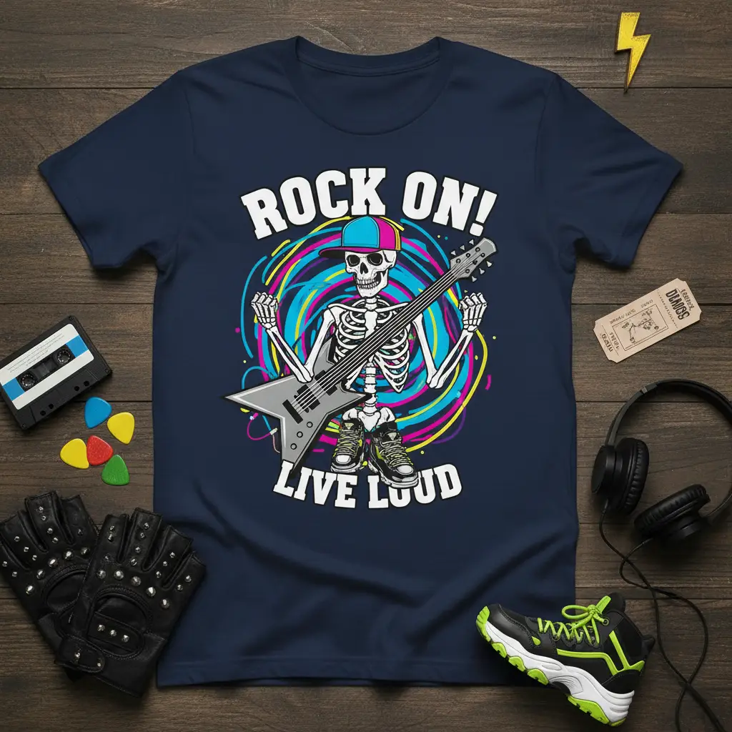 Rock On! Live Loud Skeleton Guitar T-Shirt for Music Lovers