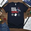 Rock Paper CRISPR t-shirt design with DNA helix, scissors, rock, paper, and molecular structure