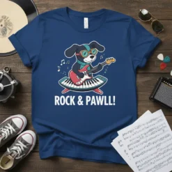Rock & Pawll! t-shirt design featuring a cartoon dog playing a guitar on a keyboard, with musical notes