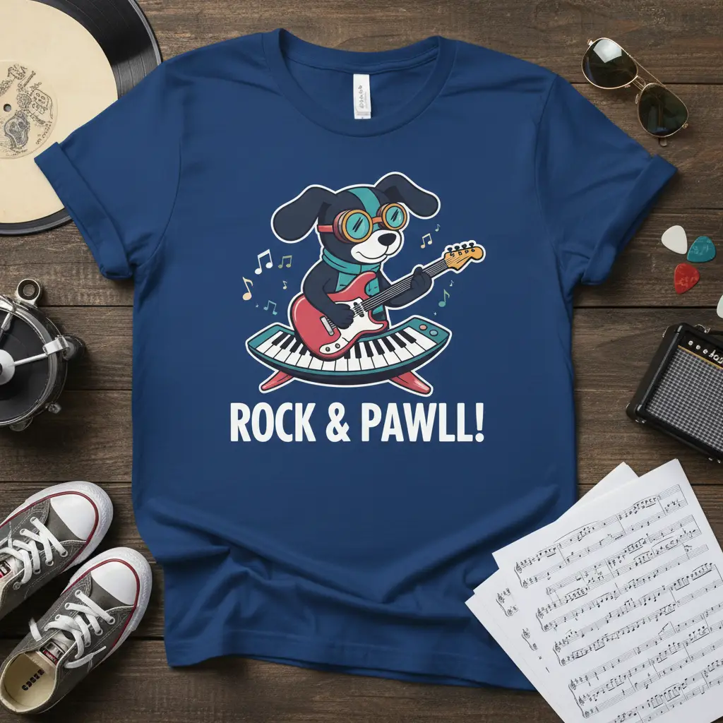 ROCK & PAWLL! text and cartoon dog playing guitar on keyboard graphic for music lovers