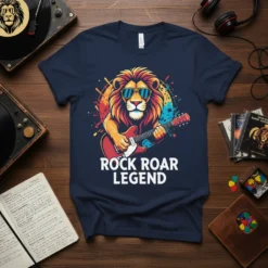 Rock Roar Legend t-shirt design with a lion playing guitar and sunglasses. White text reads ROCK ROAR LEGEND