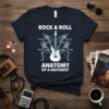 Rock & Roll Anatomy of a Guitarist T-Shirt design with skeletons playing guitar and text "Rock & Roll Anatomy of