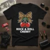 Black t-shirt with "ROCK & ROLL CHERRY" text and a leopard print bow with cherries graphic
