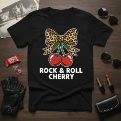 Black t-shirt with "ROCK & ROLL CHERRY" text and a leopard print bow with cherries graphic