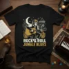 Rock & Roll Jungle Blues t-shirt with a monkey playing guitar and musical notes