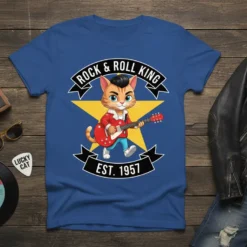 Rock & Roll King Est. 1957 text with a cartoon cat playing guitar on a blue t-shirt