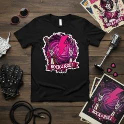 Black t-shirt with "ROCK & ROLL" text on a pink ribbon graphic, featuring skeleton hands holding guitars and microphones, and