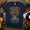 Rock & Roots Nature's Anthem t-shirt design featuring a guitar tree with orange leaves and wavy blue elements