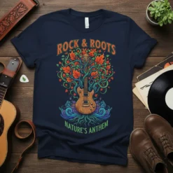 Rock & Roots Nature's Anthem t-shirt design featuring a guitar tree with orange leaves and wavy blue elements