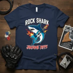 Rock Shark Jawsome Riffs t-shirt design featuring a cartoon shark playing an electric guitar with flames