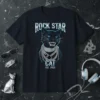 Rock Star Cat Est 2023 T-Shirt design with a fierce black cat wearing chains and sunglasses