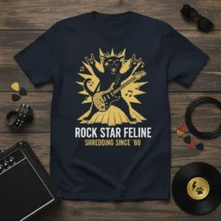 Rock Star Feline Shredding Since '69 text with a black cat playing guitar graphic on a navy t-shirt