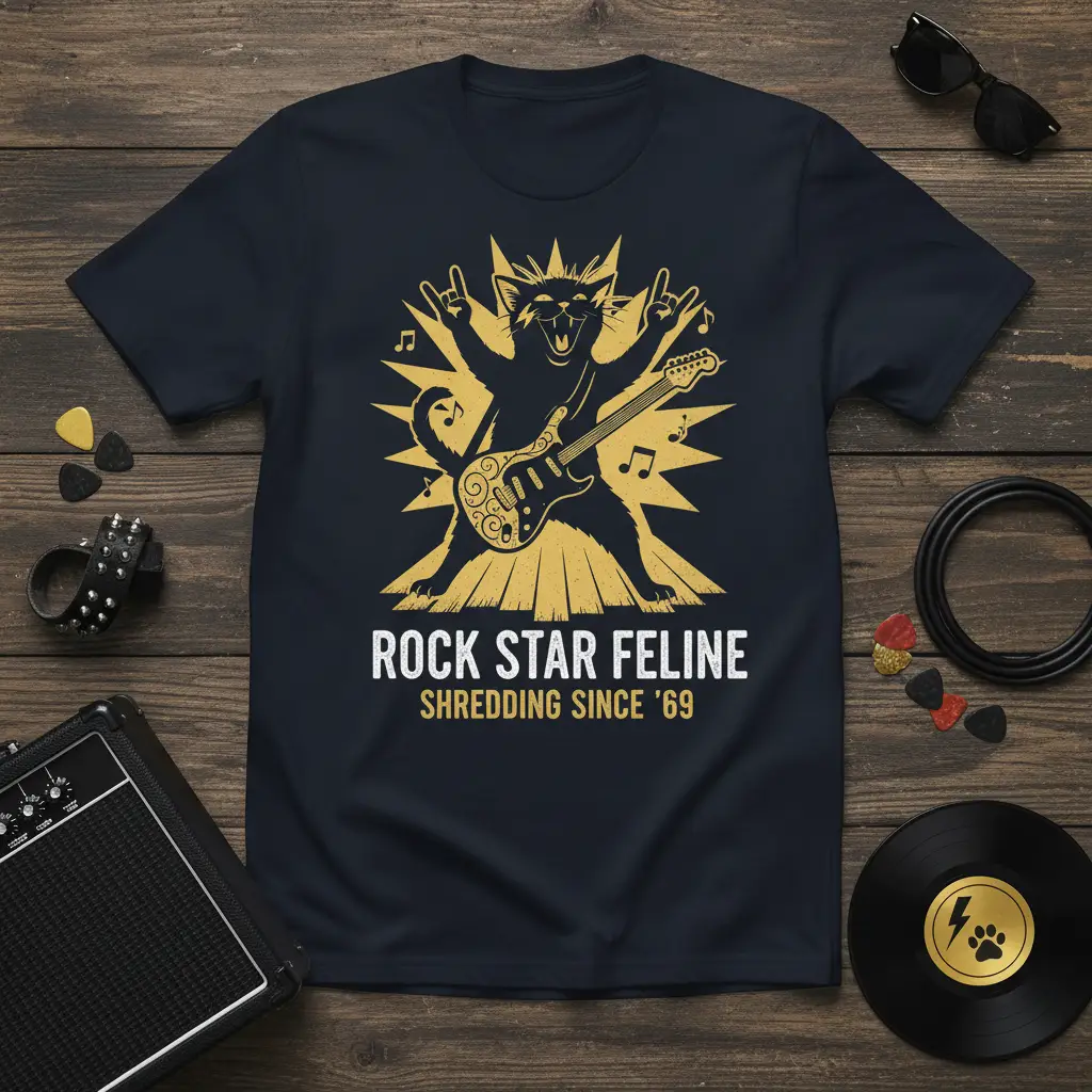 Rock Star Feline Shredding Since ’69 T-Shirt Music Gift