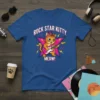 Rock Star Kitty Meow! t-shirt design with a cartoon cat playing a pink electric guitar, surrounded by stars and musical