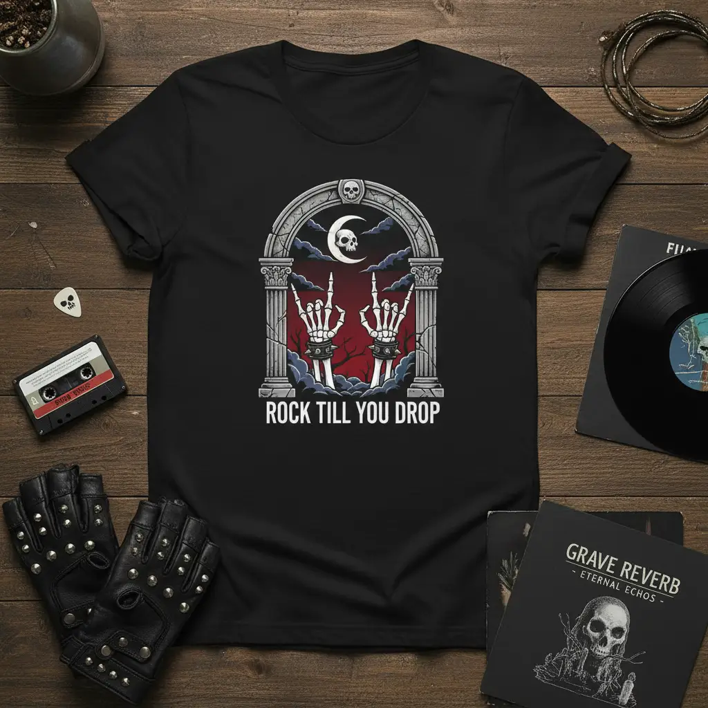 Rock Till You Drop Skeleton Hands Tee for Rock Music Lovers