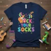 Rock Your Socks text with an electric guitar and colorful socks design on a navy t-shirt