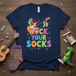 Rock Your Socks text with an electric guitar and colorful socks design on a navy t-shirt