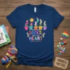 T-shirt design with text "Rock Your Socks Shine Your Heart World Down Syndrome Day" and colorful potted plants with socks