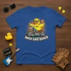 Rock and Quack T-Shirt featuring a cartoon duck wearing sunglasses riding a motorcycle with sunburst background