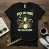 T-shirt design featuring a frog playing drums with text "Rock and Ribbit The Jam Session"