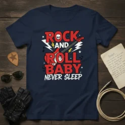 ROCK AND ROLL BABY NEVER SLEEP text with skull, guitar, and musical notes on a navy t-shirt