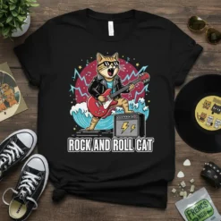 Rock and Roll Cat T-Shirt with a cat playing a red electric guitar and an amplifier