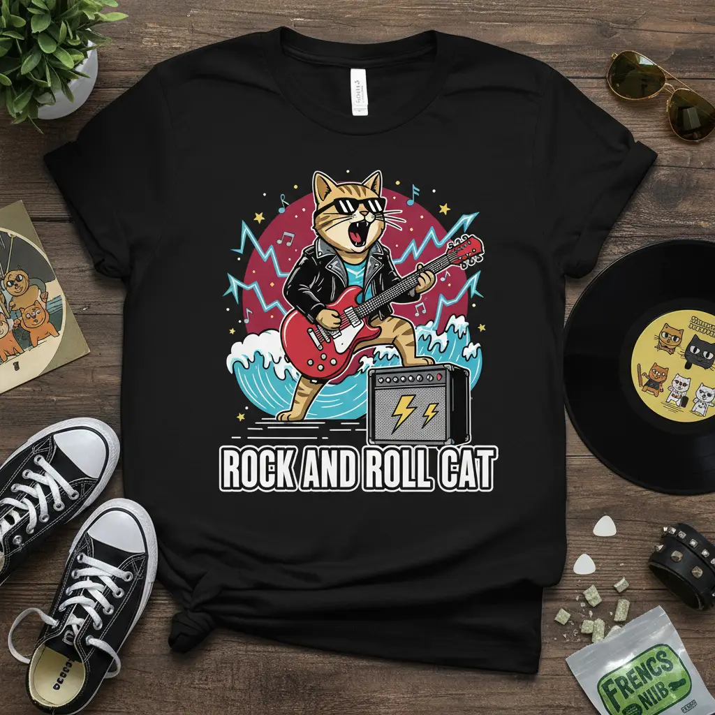 Rock and Roll Cat Guitarist T-Shirt for Music Lovers