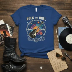 Rock and Roll text above a graphic of a black electric guitar surrounded by a starry circle, vinyl record, and