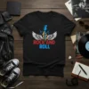 Black t-shirt with "ROCK AND ROLL" text in red and blue, featuring a blue guitar and white wings graphic