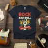 Rock and Roll Loud and Proud text with a hand doing the rock sign and flames graphic on a navy