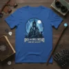 Rock and Roll Wizard Dark Arts Academy t-shirt design featuring a gothic castle and lightning storm