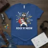 ROCK 'N' MEOW t-shirt design with a cool cat playing a red electric guitar, wearing sunglasses and a bandana