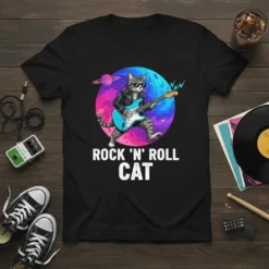 Rock 'N' Roll Cat design featuring a tabby cat playing a guitar with sunglasses and a leather jacket, set against