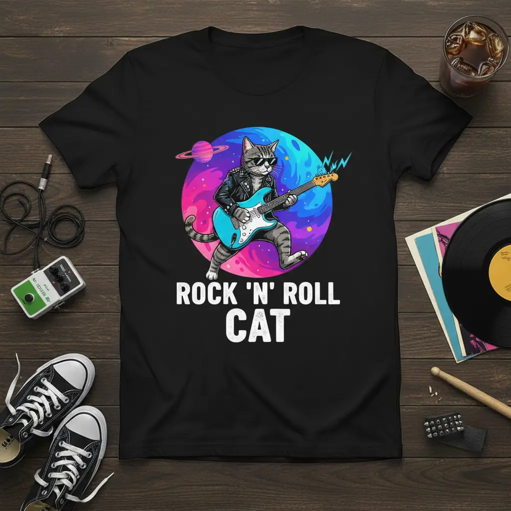 Rock ‘n’ Roll Cat Guitarist T-Shirt Funny Music Lover Gift