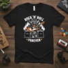 Rock 'N' Roll Forever t-shirt design with a raccoon playing a guitar, Marshall amps, and flames
