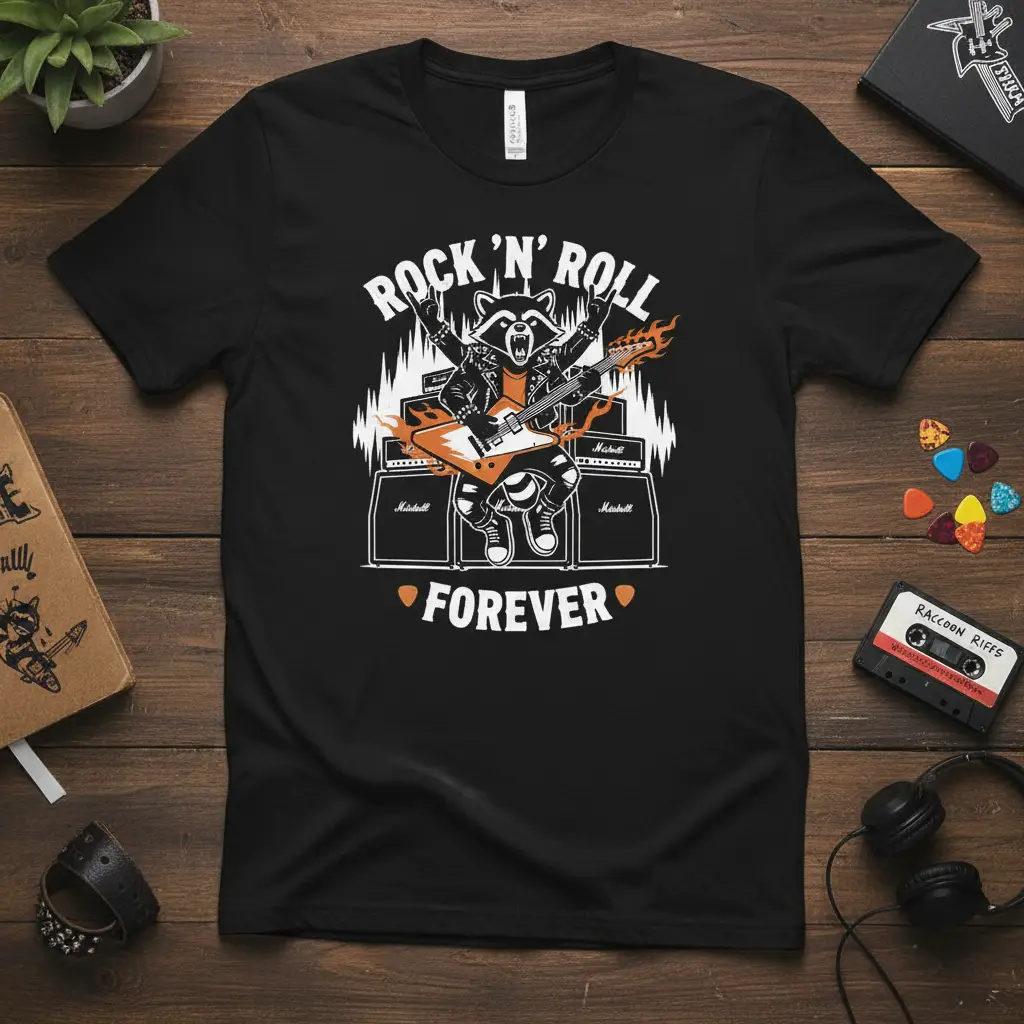 Rock ‘n’ Roll Forever Raccoon Guitar T-Shirt Gift