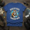 Rock 'N' Roll Forever Wild t-shirt design with a tiger playing a guitar and singing into a microphone, set against